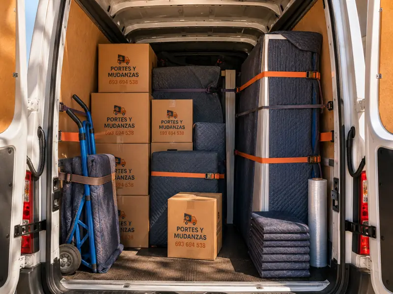 Interior de la furgoneta cargada con cajas, mantas y carretilla para una mudanza