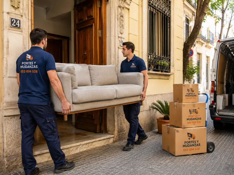 Dos operarios de FRANSPORTES sacando un sofá de un portal durante una mudanza en Plasencia