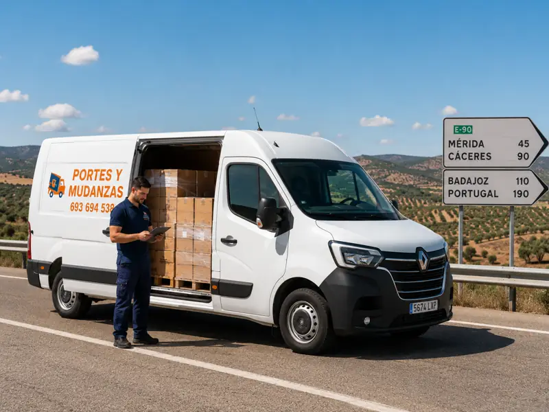 Furgoneta de portes en la carretera junto a la señal de Mérida, Cáceres y Badajoz