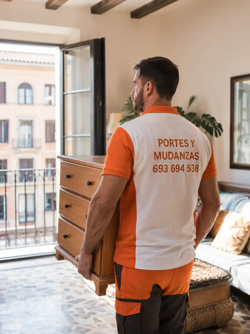 Operario de FRANSPORTES trasladando una cómoda de madera en una vivienda de Plasencia
