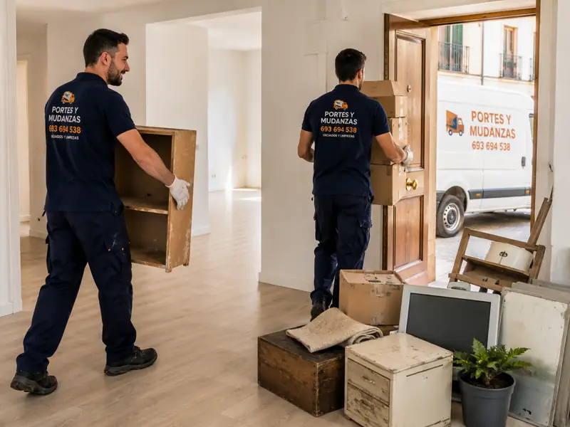 Operarios vaciando un piso en Plasencia y sacando muebles a la furgoneta